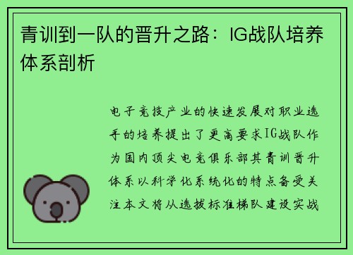 青训到一队的晋升之路：IG战队培养体系剖析