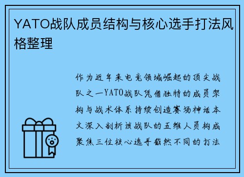 YATO战队成员结构与核心选手打法风格整理