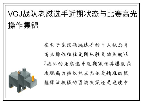 VGJ战队老怼选手近期状态与比赛高光操作集锦