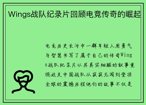 Wings战队纪录片回顾电竞传奇的崛起
